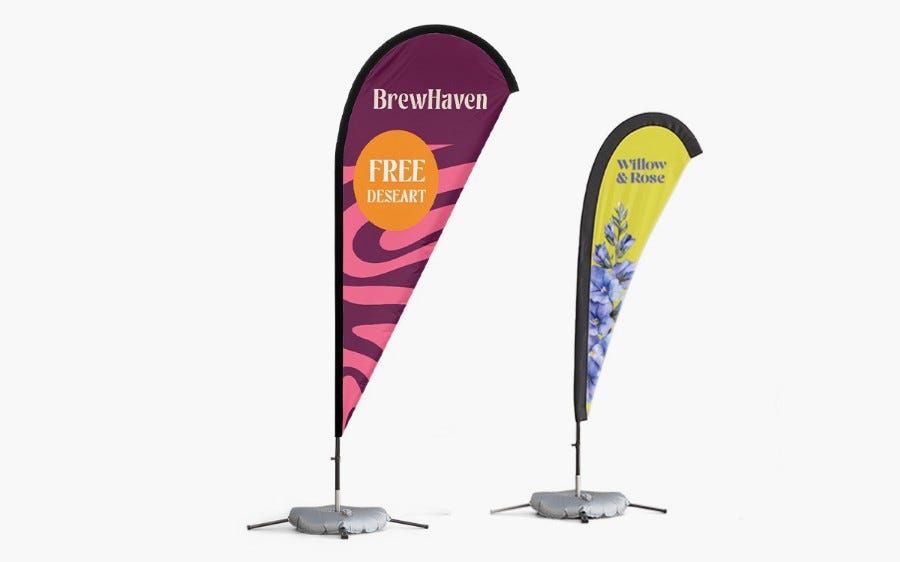 Teardrop flags displayed outside storefront