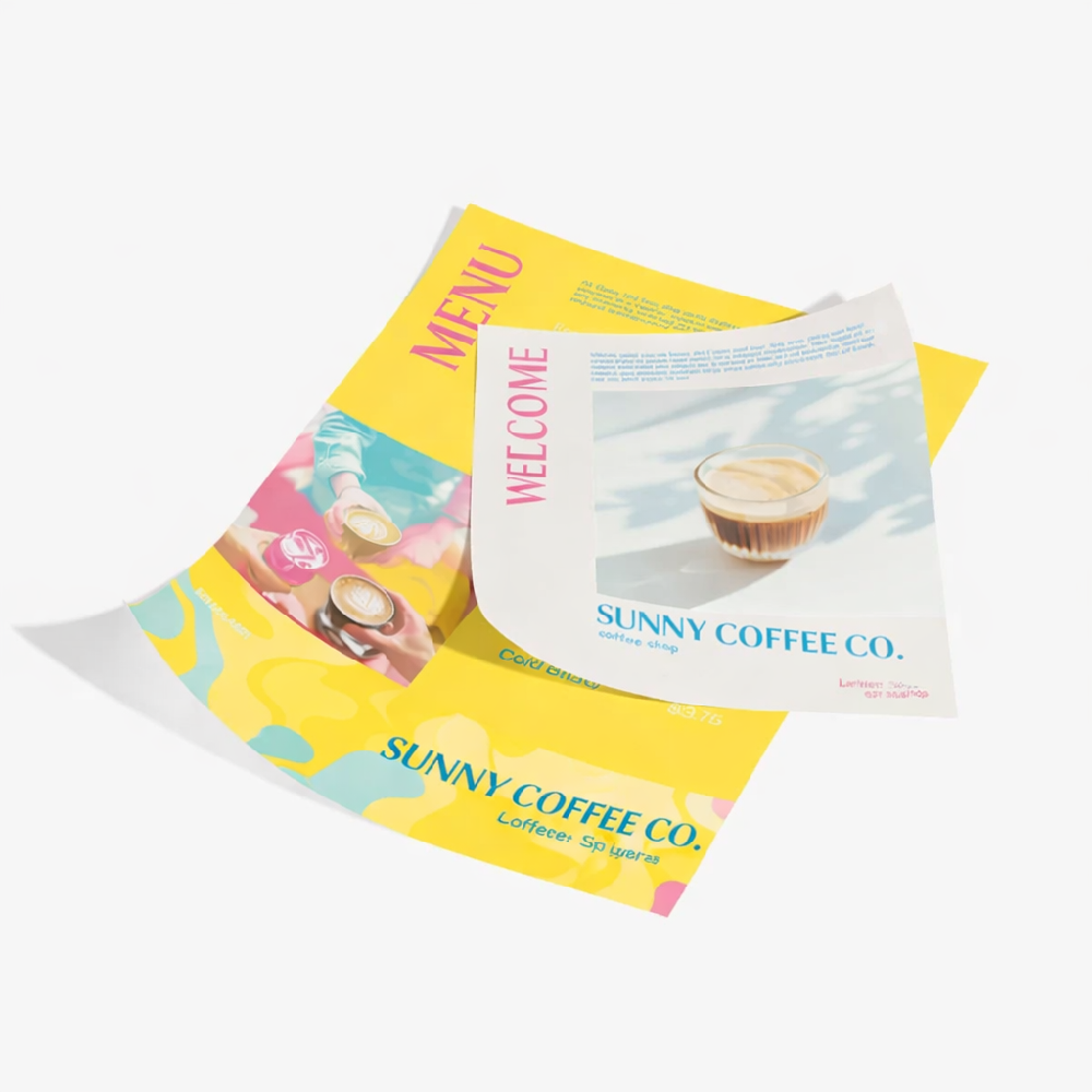 Colorful promotional flyers on glossy paper