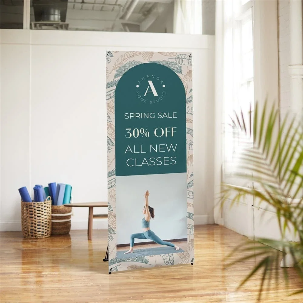 Indoor X-banner stand with taut full-color graphic