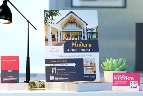 Postcards, flyers, and business cards on a desk